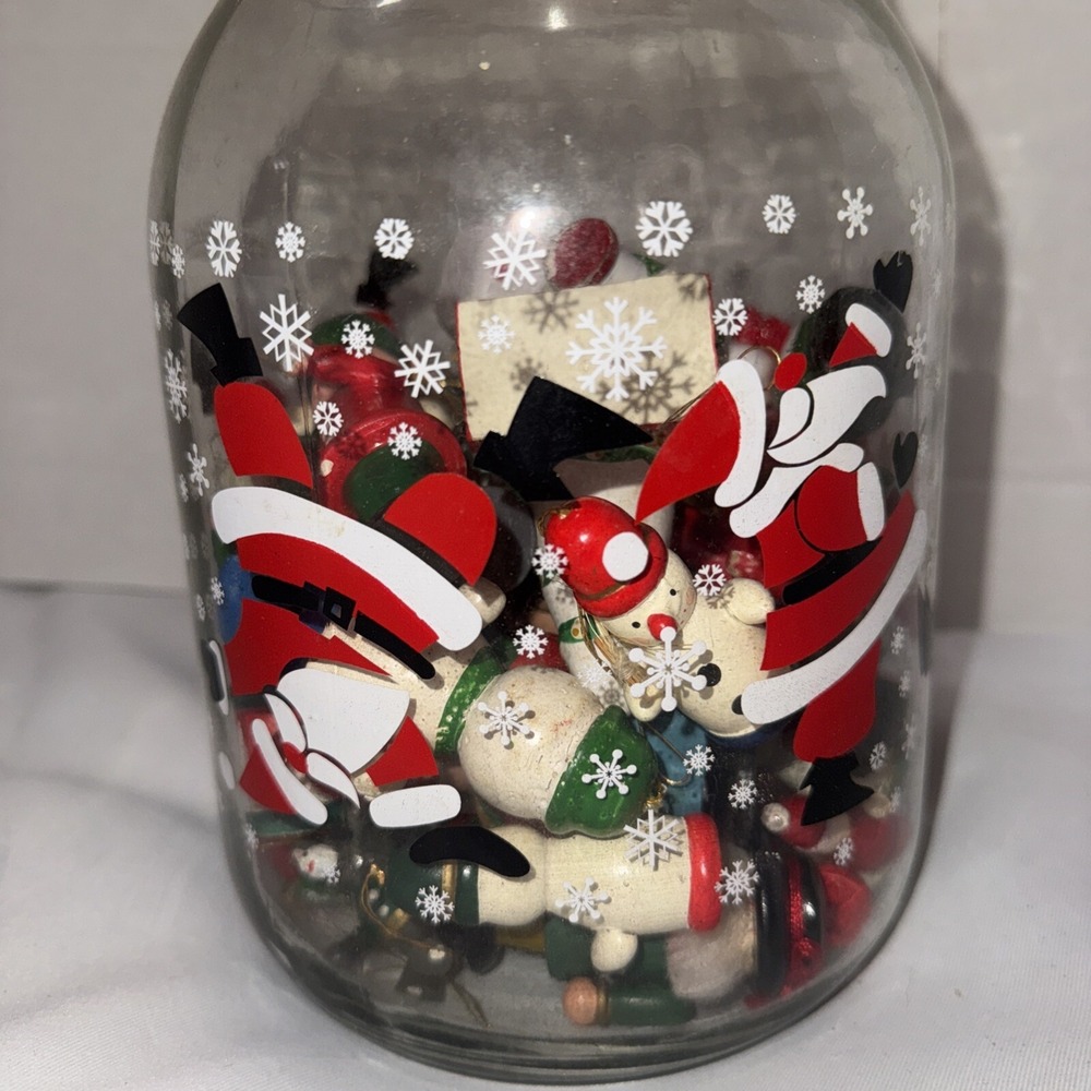 Vtg Anchor Hocking Tumbling Santa Snow  Glass‎ Canister And 46 Wooden Ornaments